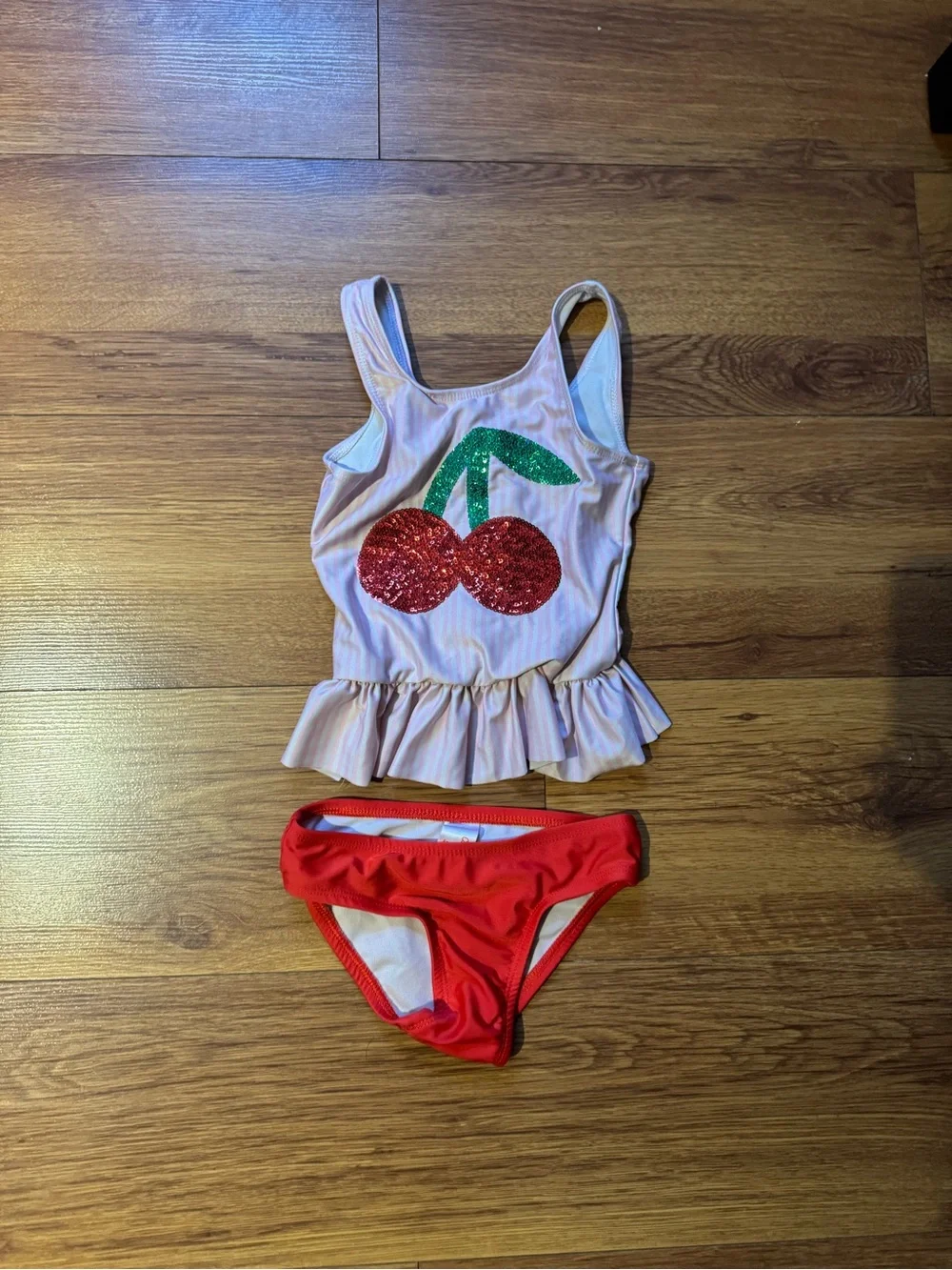 Cat & Jack Pink Ruffle Tankini with Red Sequin Cherry